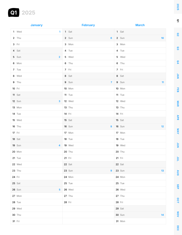 A pdf planner page exemple for a trimestre